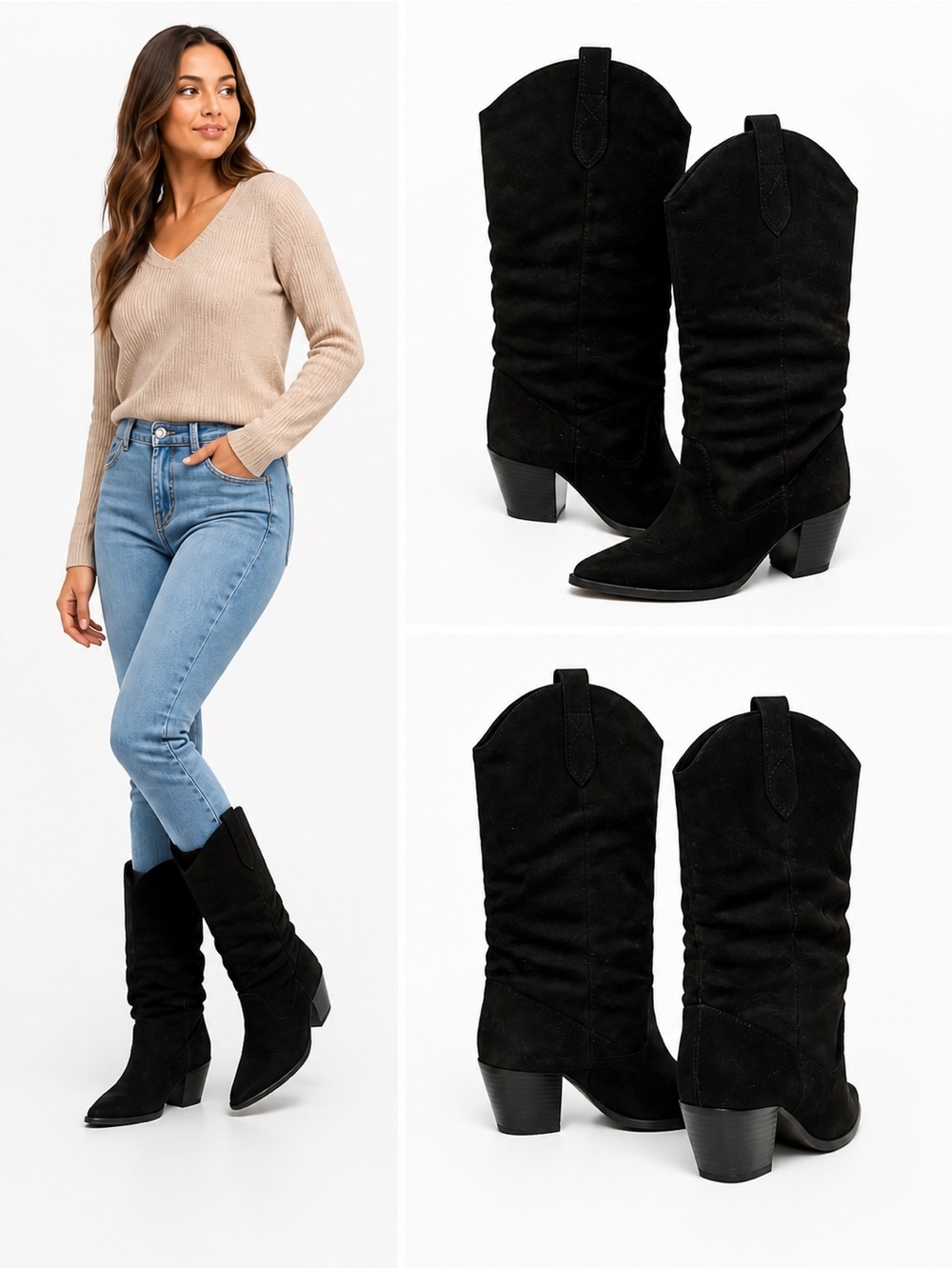 Black Suede Slouchy Mid-Calf Boots Size 8
